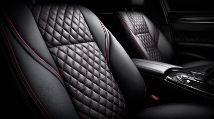 Elegant Black Leather Car Seats with Quilted Design and Red Stitching