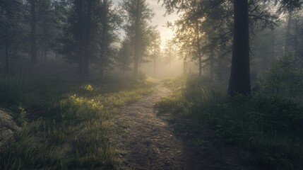Obraz premium Serene Forest Pathway in Misty Morning Light with Sun Rays Illuminating Lush Greenery and Tall Trees in a Natural Landscape