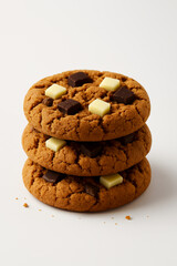Delicious stack of gourmet chocolate chip cookies on a clean white background.