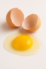 Fresh cracked egg with yolk, white, and shells on a white background.