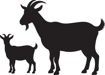 Obraz premium Silhouette of adult goat and young goat standing side by side on white background young animal