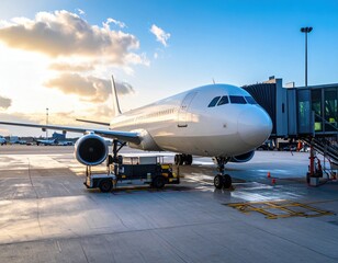 White Airplane at Airport Ramp at Sunrise