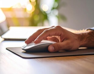 Hand Using Computer Mouse On Wooden Desk