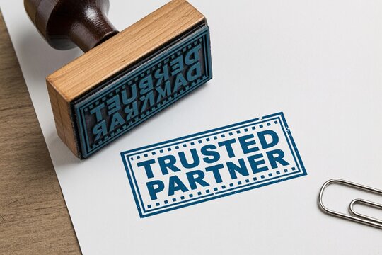 Trusted partner rubber stamp on paper, blue approved seal for business reliability and quality assurance.