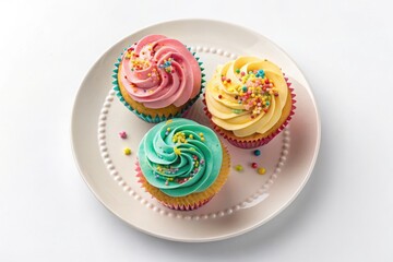 Top-Down View of Three Cupcakes with Colorful Frosting and Sprinkles on White Ceramic Plate, Solid White Background