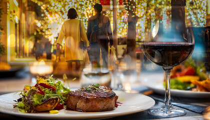 Fototapeta premium Intimate dinner date with steak and wine