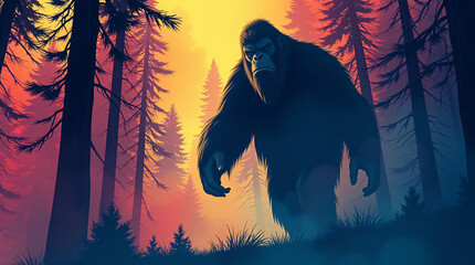 Forest silhouette of a tall, mysterious creature at dusk, evoking cryptid lore and wilderness mystery.