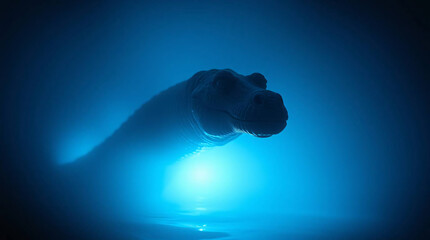 Silhouette of the Loch Ness Monster emerging from dark, misty waters at night.