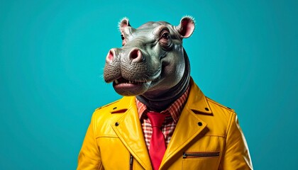 A creative portrait of a hippo in a yellow leather jacket and red tie on a blue background
