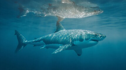 Fototapeta premium A majestic shark swimming gracefully in clear ocean waters.