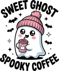 Sweet Ghost Spooky Coffee. Cute Kawaii Halloween Ghost with Pink Beanie and Coffee Cup Illustration
