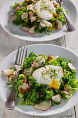 mixed green and radish salad topped with a poached egg