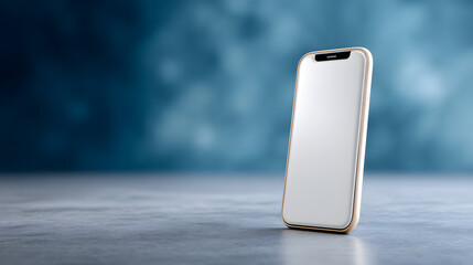Modern smartphone standing upright on glossy surface with blue bokeh background, tech mockup design.