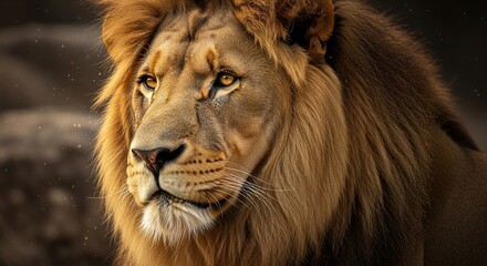 Fototapeta premium Majestic Lion Portrait: Golden Mane, Intense Gaze, Wildlife Beauty