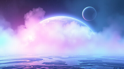 A surreal alien planet landscape with twin moons and vibrant twilight sky.