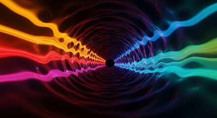 Fototapeta premium Vibrant vortex of rippling rainbow waves converging into black center—dynamic abstract tunnel with optical motion and depth