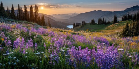 Mountain sunrise over a wildflower-covered alpine meadow, mist around pine ridges, glowing lake ultra-detailed