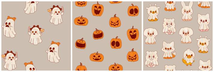 A collection of three festive Halloween patterns in a cute cartoon style and autumnal orange and gray color palette. Pumpkins, ghosts and animals
