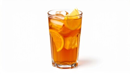 Cold refreshing iced lemon tea in a transparent glass with ice cubes, isolated on plain white background, summer drink concept