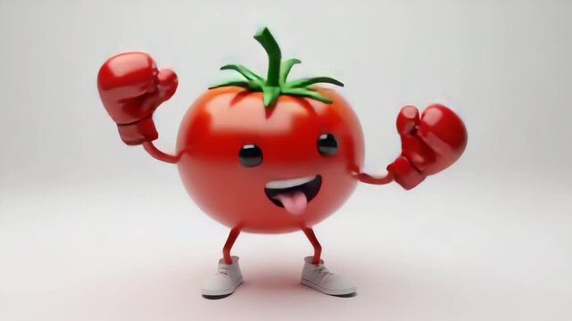 Cute 3D Boxing Tomato Character with Gloves and Sneakers on White Background