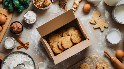 Fototapeta premium Cardboard box with homemade cookies on wooden table, surrounded by baking ingredients. Perfect holiday treat scene or packaging mockup for bakery products.