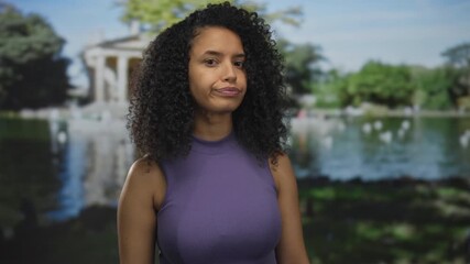 Young latina woman beckons with hand in green park by a pond near trees and walkway; welcoming invitation.