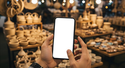 Blank Smartphone Screen Mockup at a vibrant artisan market showcasing handcrafted pottery and wooden goods ideal for app promotion website design ecommerce and travel blogs
