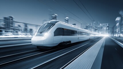 Naklejka premium A sleek, modern train speeds through an urban landscape at dusk.