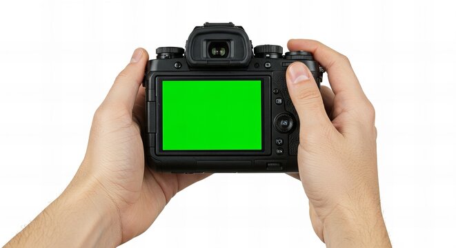 デジタルカメラを構える手、グリーンバックの液晶画面モックアップ素材（合成用）
