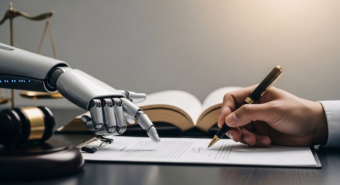 Modern AI collaboration in legal tech: Human hand signing contract assisted by robot arm