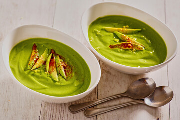 blended summer basil soup with avocado and spinach