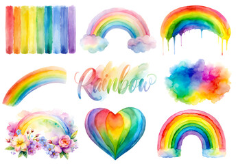 Colorful Watercolor Rainbow Collection with Hearts, Clouds, and Floral Elements