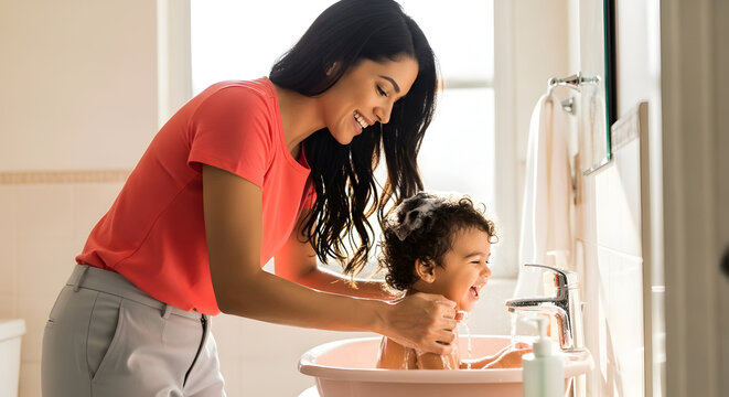 Happy mother lovingly bathing her adorable baby in a pink tub soft gentle care motherhood family bonding clean hygiene bath time
