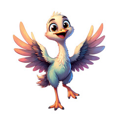 Cheerful Cartoon Ostrich Chick with Wings Outspread on transparent background