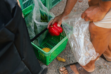 Close up of man with a vegetables and greens in shopping basket on the local Farmers market. Mature...