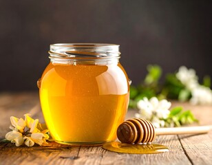 Golden honey in a glass jar, honey dipper, and blossoms on rustic wood.