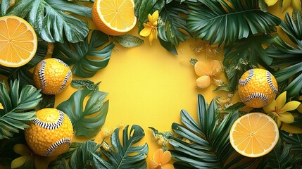 Summer Themed Yellow Background Banner with Tropical Leaves and Beach Ball, Empty Space for Text, Cartoon Style Vector Art, No People