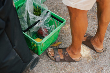Close up of man with a vegetables and greens in shopping basket on the local Farmers market. Mature...