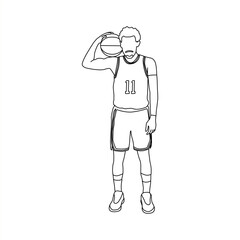 Basketball Player Holding Ball on Shoulder Outline, Minimalist Line Art of Basketball Player with Ball
