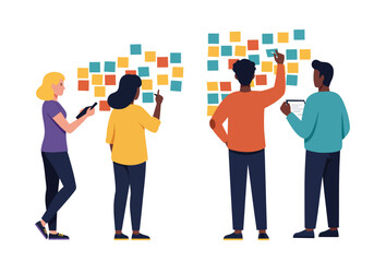 Fototapeta premium Diverse team of creative business professionals brainstorming together, a project builder group using sticky notes for strategic planning on a wall.