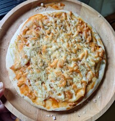 Delicious fresh baked Italian pizza with ham and mozzarella cheese on a plate, isolated on a white background