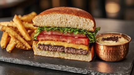 Burger platter featuring halved artisanal burger with beef patty, melted cheese, bacon, lettuce, tomato on slate serving board with golden fries and copper container