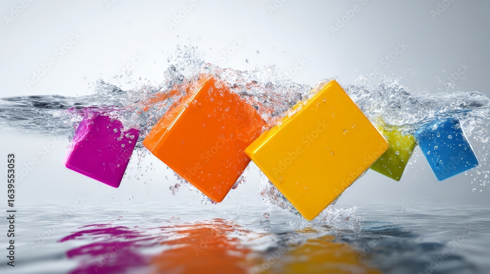 Poster colorful ice cubes splashing into clear water, creating refreshing patterns and ripples.