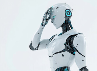 An advanced humanoid robot with a white, polished chassis and chrome features, with a thoughtful pose and glowing blue lights.