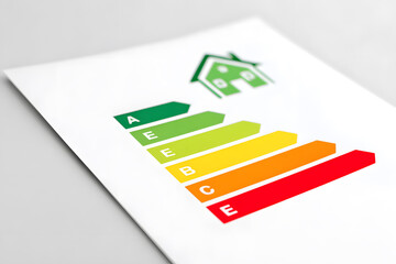 Paper with colorful energy efficiency chart in shape of arrow, eco-friendly home rating concept.