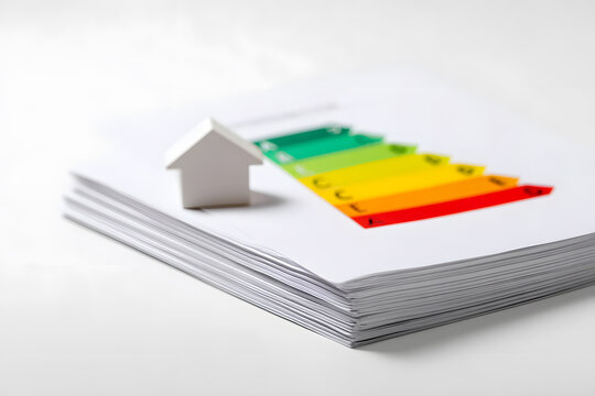 Paper with colorful energy efficiency chart in shape of arrow, eco-friendly home rating concept. - Powered by Adobe