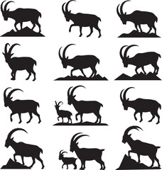 Collection of nine black ibex silhouettes in various poses on white goat mountain goat