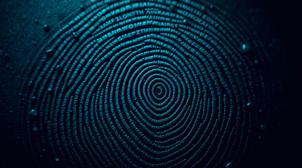 Glowing teal fingerprint spiral on dark background, futuristic biometric security concept.