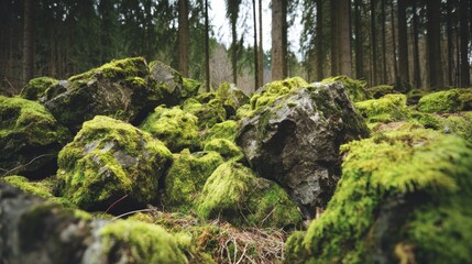Beautiful bright green moss covering rough stones and forest floor, captured in macro view, showing rich texture and natural details, perfect for nature backgrounds, wallpapers, eco design projects