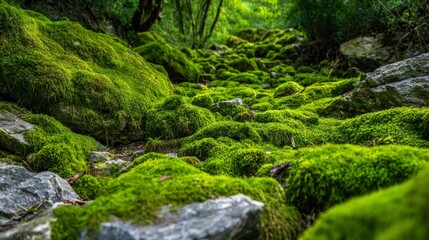 Obraz premium Beautiful bright green moss covering rough stones and forest floor, captured in macro view, showing rich texture and natural details, perfect for nature backgrounds, wallpapers, eco design projects